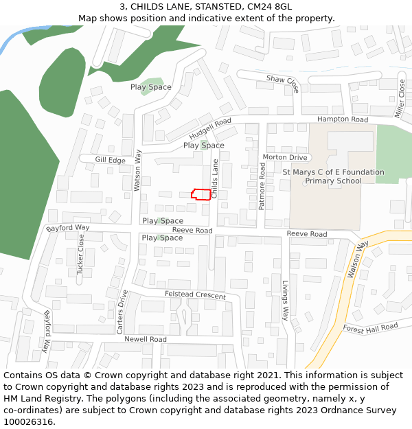 3, CHILDS LANE, STANSTED, CM24 8GL: Location map and indicative extent of plot