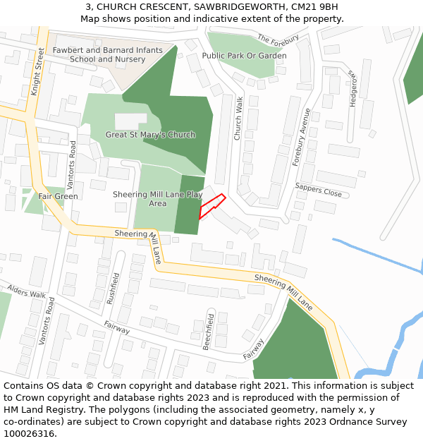 3, CHURCH CRESCENT, SAWBRIDGEWORTH, CM21 9BH: Location map and indicative extent of plot