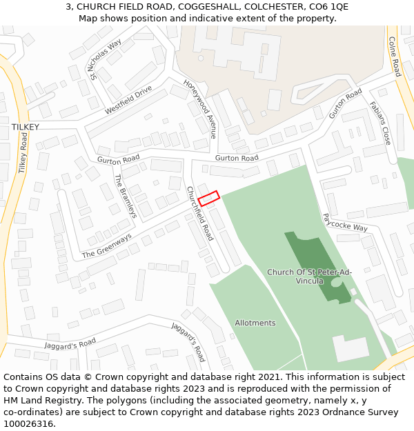 3, CHURCH FIELD ROAD, COGGESHALL, COLCHESTER, CO6 1QE: Location map and indicative extent of plot