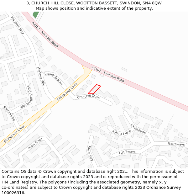 3, CHURCH HILL CLOSE, WOOTTON BASSETT, SWINDON, SN4 8QW: Location map and indicative extent of plot