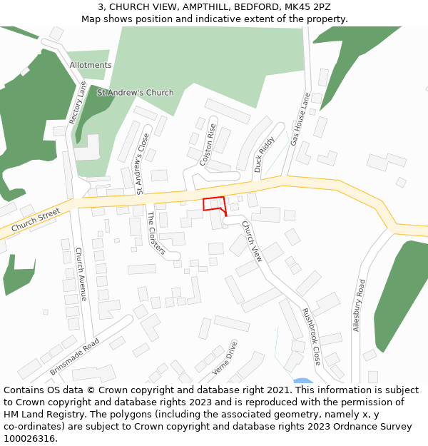 3, CHURCH VIEW, AMPTHILL, BEDFORD, MK45 2PZ: Location map and indicative extent of plot