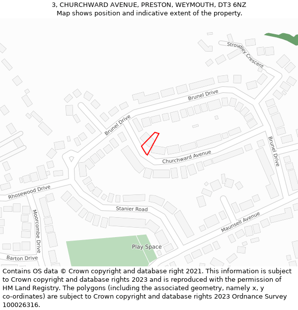 3, CHURCHWARD AVENUE, PRESTON, WEYMOUTH, DT3 6NZ: Location map and indicative extent of plot