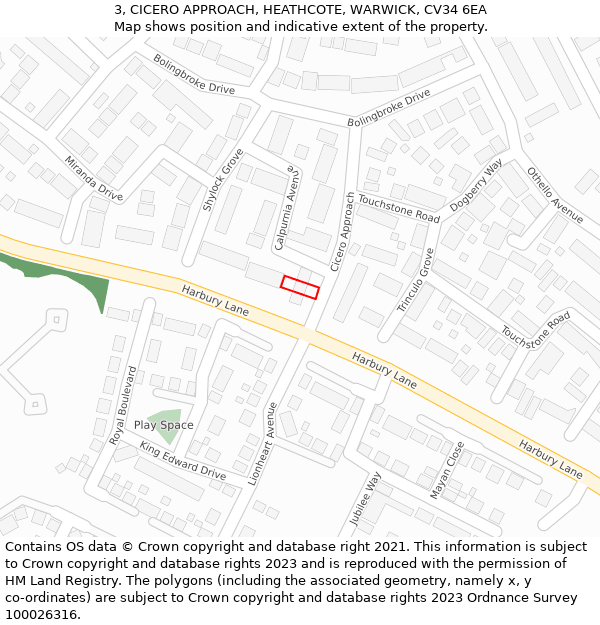 3, CICERO APPROACH, HEATHCOTE, WARWICK, CV34 6EA: Location map and indicative extent of plot
