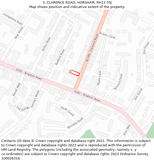 3, CLARENCE ROAD, HORSHAM, RH13 5SJ: Location map and indicative extent of plot