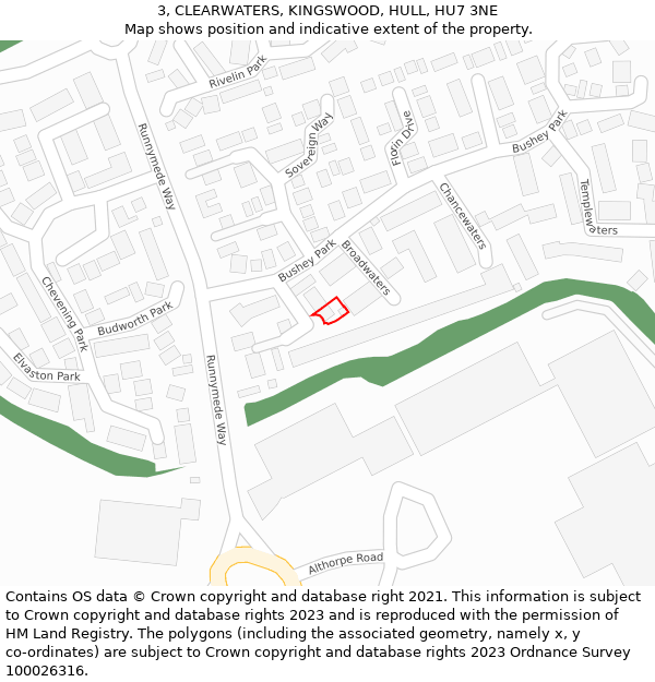 3, CLEARWATERS, KINGSWOOD, HULL, HU7 3NE: Location map and indicative extent of plot