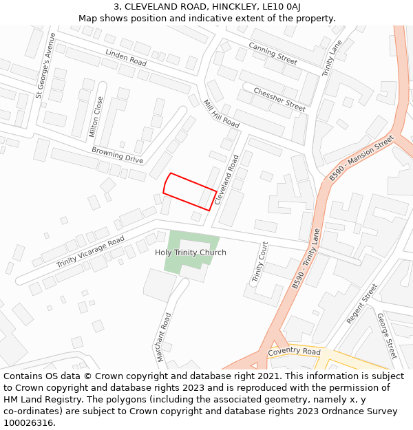 3, CLEVELAND ROAD, HINCKLEY, LE10 0AJ: Location map and indicative extent of plot