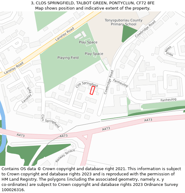 3, CLOS SPRINGFIELD, TALBOT GREEN, PONTYCLUN, CF72 8FE: Location map and indicative extent of plot