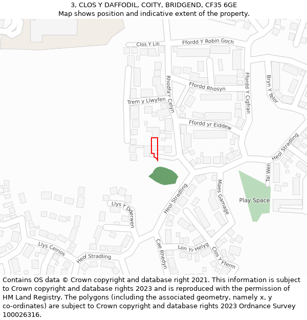 3, CLOS Y DAFFODIL, COITY, BRIDGEND, CF35 6GE: Location map and indicative extent of plot