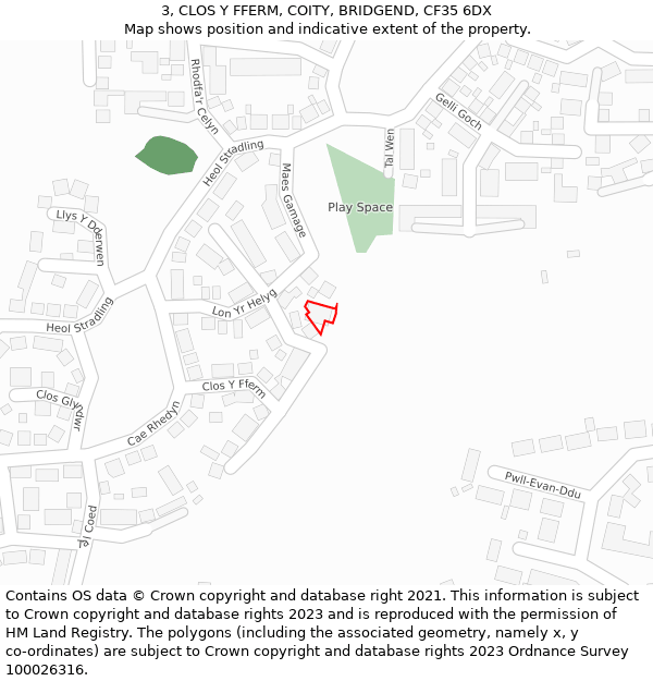 3, CLOS Y FFERM, COITY, BRIDGEND, CF35 6DX: Location map and indicative extent of plot