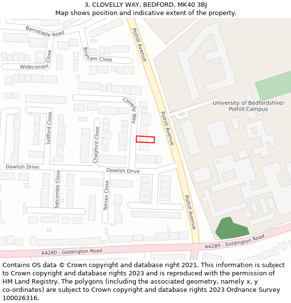 3, CLOVELLY WAY, BEDFORD, MK40 3BJ: Location map and indicative extent of plot