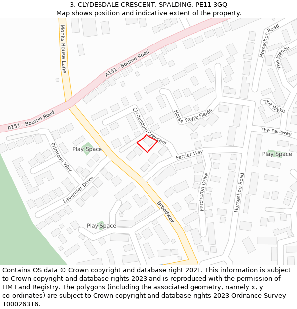 3, CLYDESDALE CRESCENT, SPALDING, PE11 3GQ: Location map and indicative extent of plot