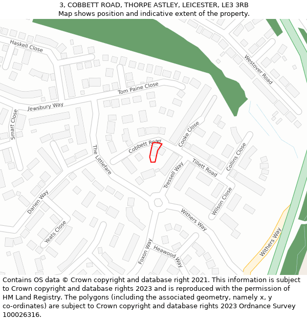 3, COBBETT ROAD, THORPE ASTLEY, LEICESTER, LE3 3RB: Location map and indicative extent of plot