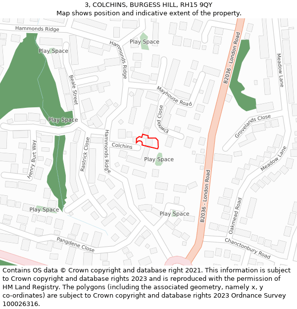 3, COLCHINS, BURGESS HILL, RH15 9QY: Location map and indicative extent of plot