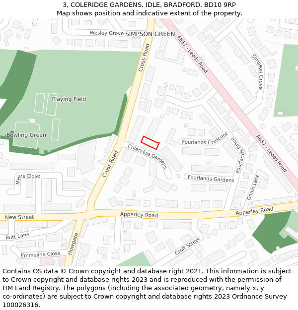 3, COLERIDGE GARDENS, IDLE, BRADFORD, BD10 9RP: Location map and indicative extent of plot