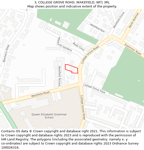 3, COLLEGE GROVE ROAD, WAKEFIELD, WF1 3RL: Location map and indicative extent of plot