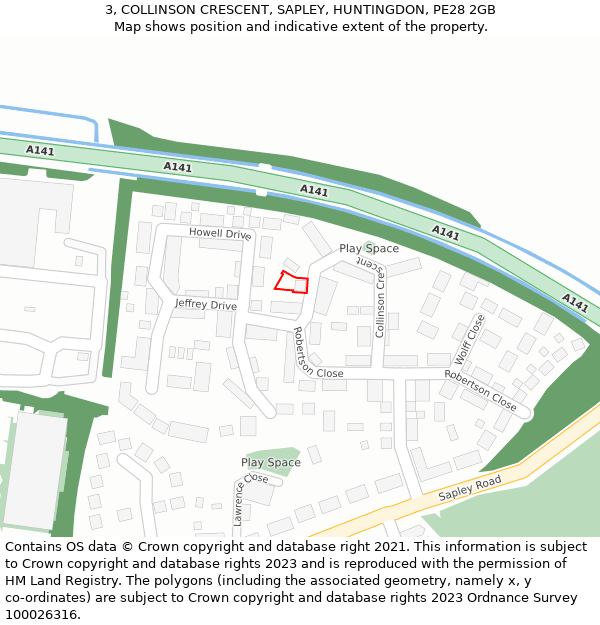 3, COLLINSON CRESCENT, SAPLEY, HUNTINGDON, PE28 2GB: Location map and indicative extent of plot