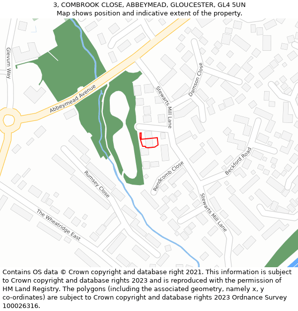 3, COMBROOK CLOSE, ABBEYMEAD, GLOUCESTER, GL4 5UN: Location map and indicative extent of plot