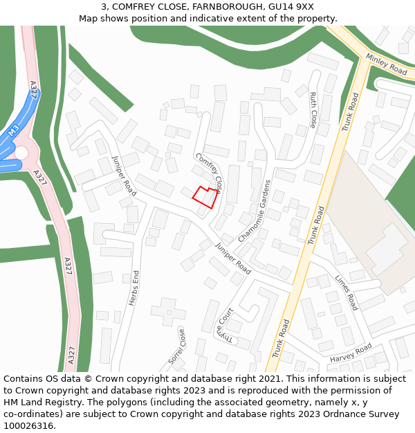 3, COMFREY CLOSE, FARNBOROUGH, GU14 9XX: Location map and indicative extent of plot