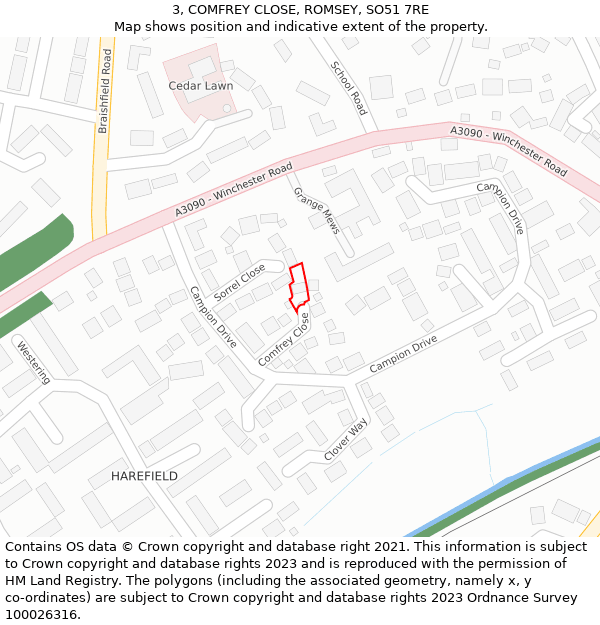 3, COMFREY CLOSE, ROMSEY, SO51 7RE: Location map and indicative extent of plot