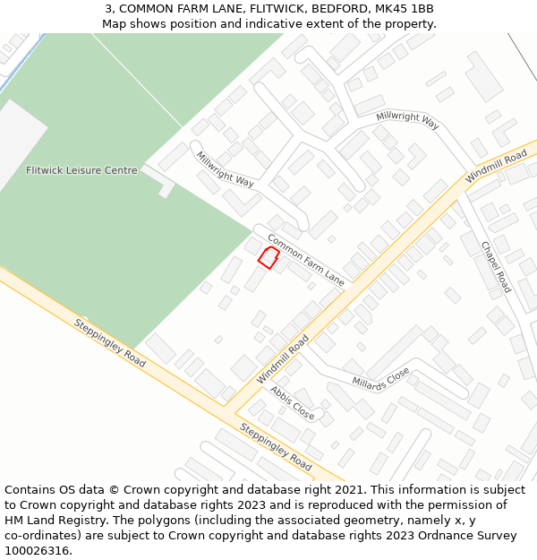 3, COMMON FARM LANE, FLITWICK, BEDFORD, MK45 1BB: Location map and indicative extent of plot