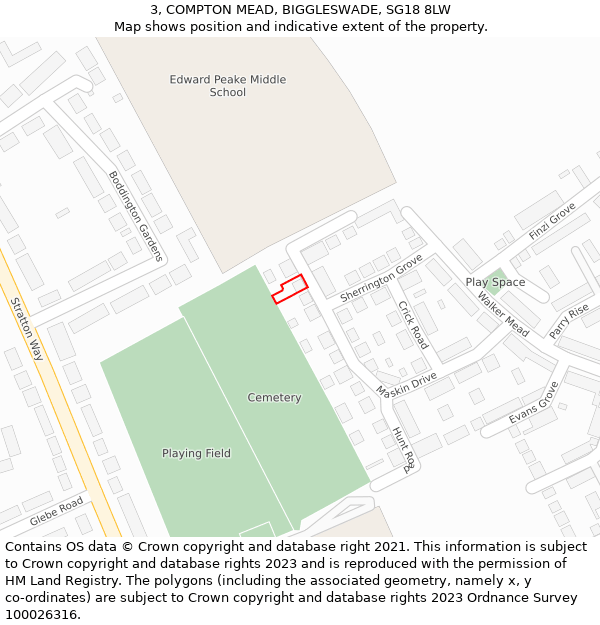 3, COMPTON MEAD, BIGGLESWADE, SG18 8LW: Location map and indicative extent of plot