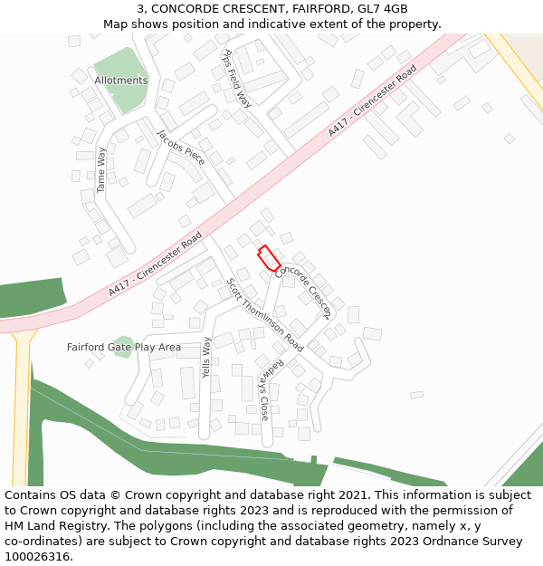 3, CONCORDE CRESCENT, FAIRFORD, GL7 4GB: Location map and indicative extent of plot