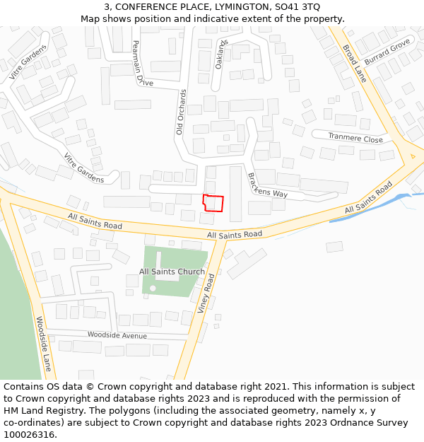 3, CONFERENCE PLACE, LYMINGTON, SO41 3TQ: Location map and indicative extent of plot