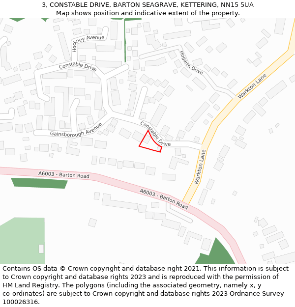 3, CONSTABLE DRIVE, BARTON SEAGRAVE, KETTERING, NN15 5UA: Location map and indicative extent of plot