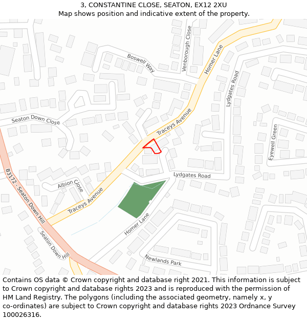 3, CONSTANTINE CLOSE, SEATON, EX12 2XU: Location map and indicative extent of plot