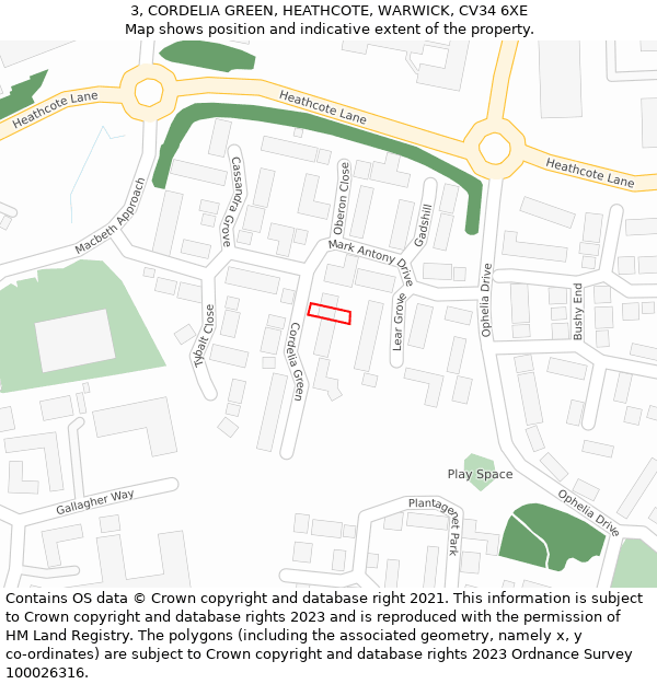 3, CORDELIA GREEN, HEATHCOTE, WARWICK, CV34 6XE: Location map and indicative extent of plot