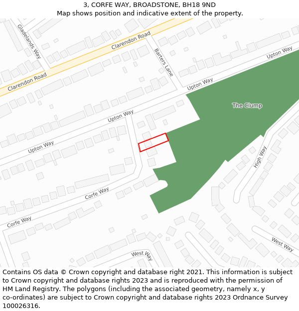 3, CORFE WAY, BROADSTONE, BH18 9ND: Location map and indicative extent of plot