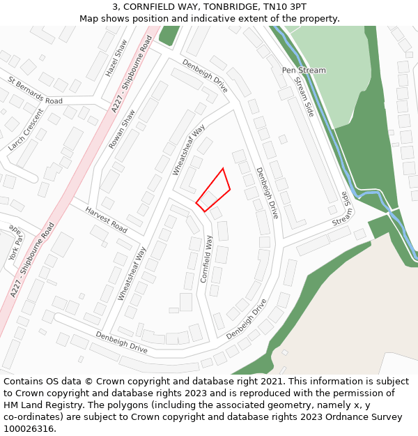 3, CORNFIELD WAY, TONBRIDGE, TN10 3PT: Location map and indicative extent of plot