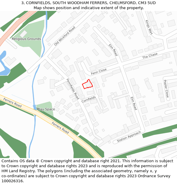 3, CORNFIELDS, SOUTH WOODHAM FERRERS, CHELMSFORD, CM3 5UD: Location map and indicative extent of plot