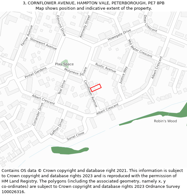 3, CORNFLOWER AVENUE, HAMPTON VALE, PETERBOROUGH, PE7 8PB: Location map and indicative extent of plot