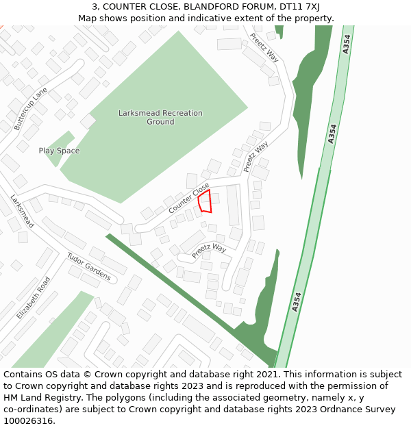 3, COUNTER CLOSE, BLANDFORD FORUM, DT11 7XJ: Location map and indicative extent of plot