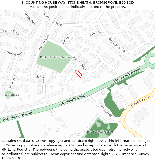 3, COUNTING HOUSE WAY, STOKE HEATH, BROMSGROVE, B60 3QD: Location map and indicative extent of plot