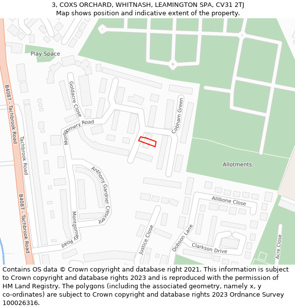 3, COXS ORCHARD, WHITNASH, LEAMINGTON SPA, CV31 2TJ: Location map and indicative extent of plot