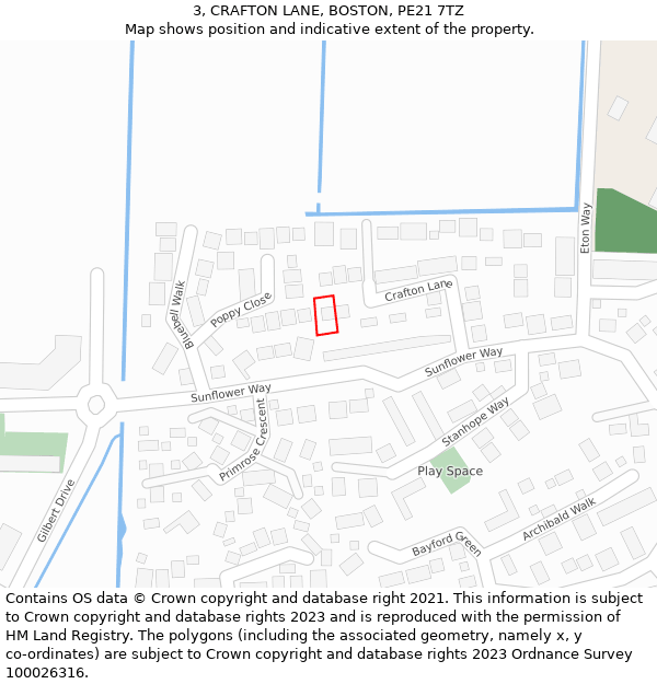 3, CRAFTON LANE, BOSTON, PE21 7TZ: Location map and indicative extent of plot