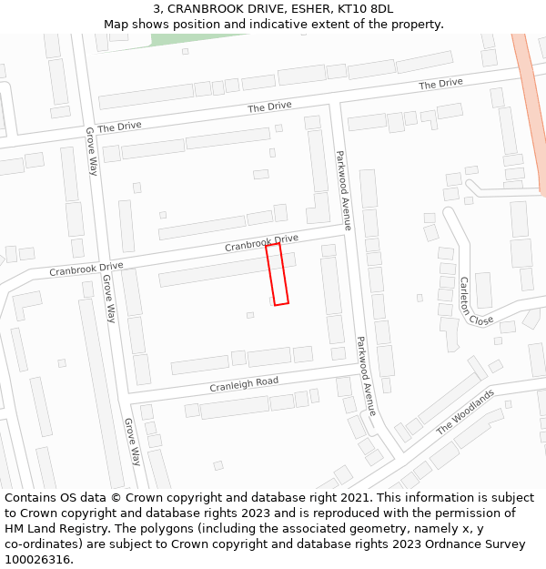 3, CRANBROOK DRIVE, ESHER, KT10 8DL: Location map and indicative extent of plot