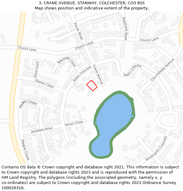 3, CRANE AVENUE, STANWAY, COLCHESTER, CO3 8SS: Location map and indicative extent of plot