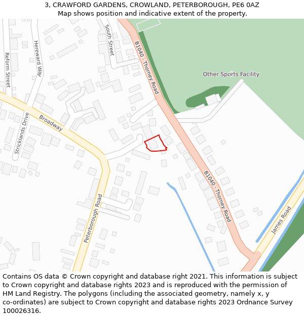 3, CRAWFORD GARDENS, CROWLAND, PETERBOROUGH, PE6 0AZ: Location map and indicative extent of plot