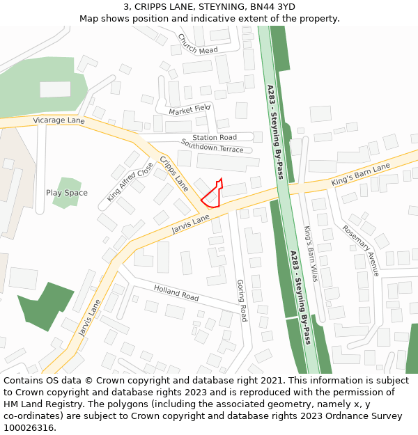 3, CRIPPS LANE, STEYNING, BN44 3YD: Location map and indicative extent of plot