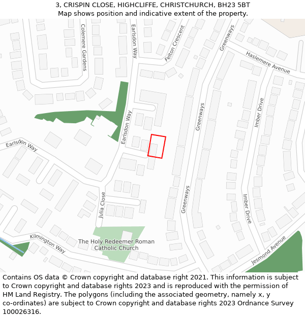 3, CRISPIN CLOSE, HIGHCLIFFE, CHRISTCHURCH, BH23 5BT: Location map and indicative extent of plot