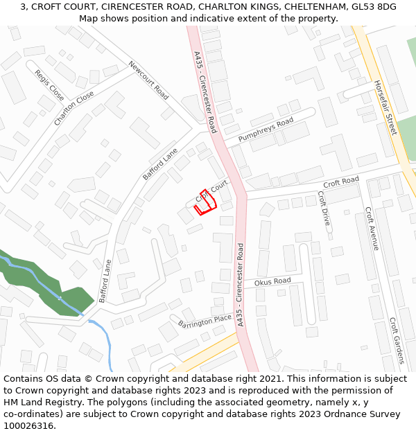 3, CROFT COURT, CIRENCESTER ROAD, CHARLTON KINGS, CHELTENHAM, GL53 8DG: Location map and indicative extent of plot