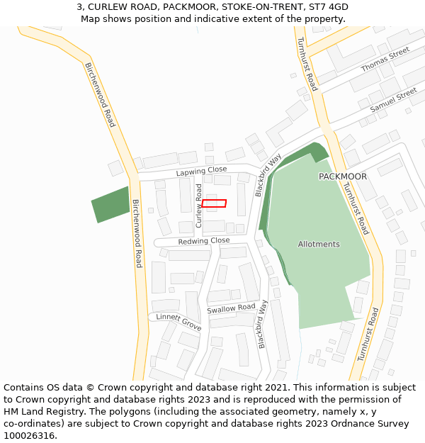 3, CURLEW ROAD, PACKMOOR, STOKE-ON-TRENT, ST7 4GD: Location map and indicative extent of plot