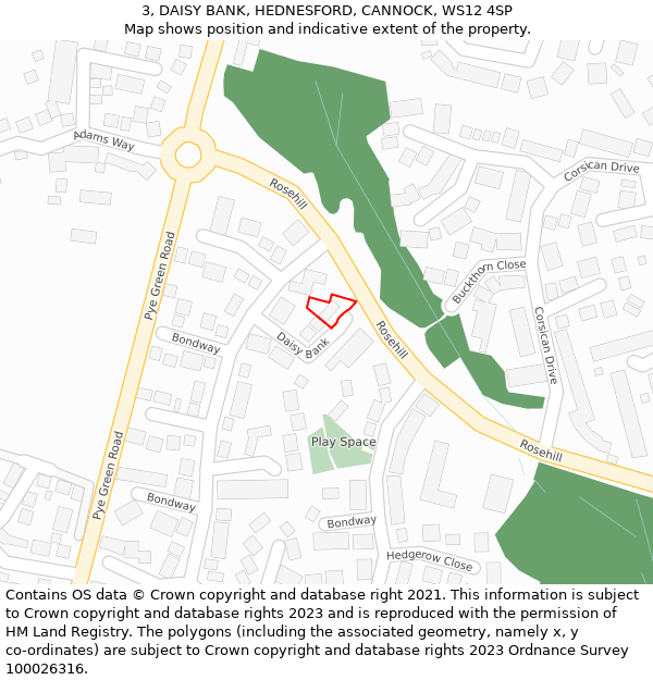 3, DAISY BANK, HEDNESFORD, CANNOCK, WS12 4SP: Location map and indicative extent of plot