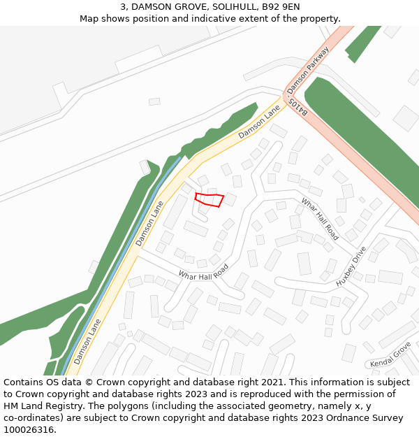 3, DAMSON GROVE, SOLIHULL, B92 9EN: Location map and indicative extent of plot