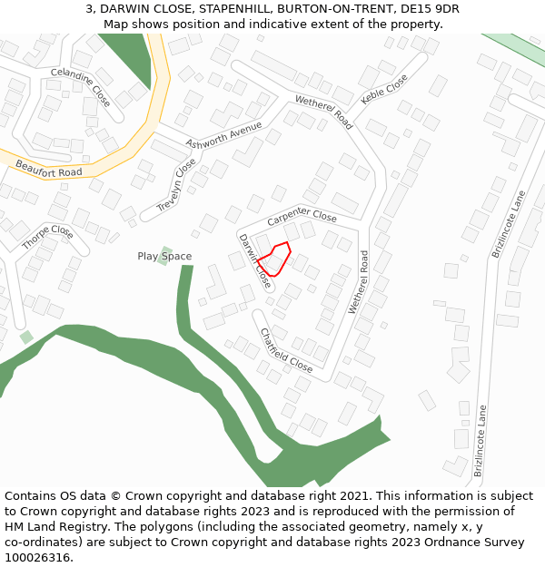 3, DARWIN CLOSE, STAPENHILL, BURTON-ON-TRENT, DE15 9DR: Location map and indicative extent of plot