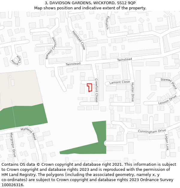 3, DAVIDSON GARDENS, WICKFORD, SS12 9QP: Location map and indicative extent of plot