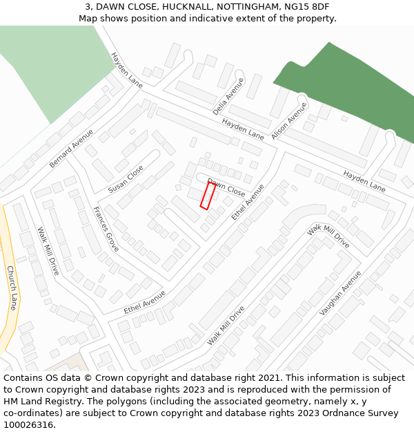 3, DAWN CLOSE, HUCKNALL, NOTTINGHAM, NG15 8DF: Location map and indicative extent of plot